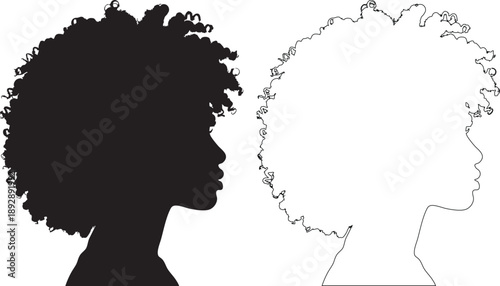 Black silhouette and outline of woman's head with curly hair