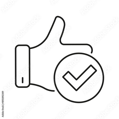 Thumbs Up With Checkmark Line Icon. Approval, Agreement, And Positive Feedback Outline Symbol. Confirmation And Validation. Editable Stroke. Isolated Vector Illustration