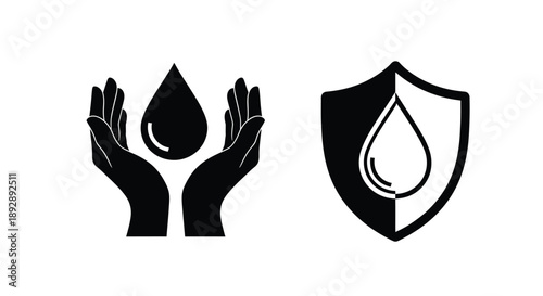 Hands cradling water droplet and shield with droplet black silhouette