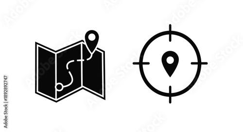 Map with location pin and target flat vector graphic silhouette