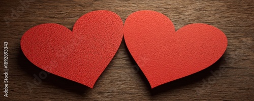 Two textured red hearts on a wooden surface.
