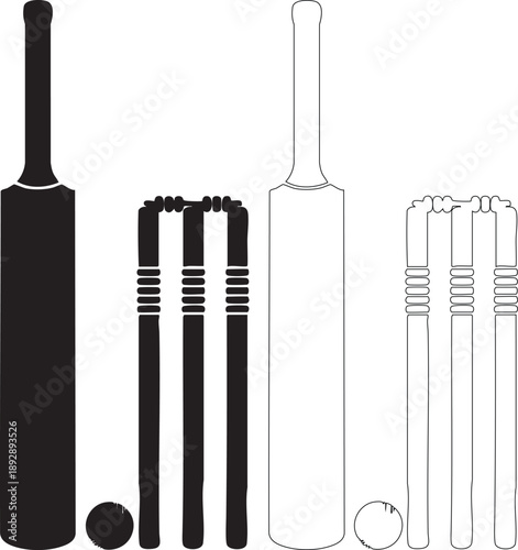 Silhouette cricket equipment with ball and stumps cricket bat cricket ball bails