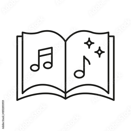 Open Music Book Line Icon. Musical Notes And Creativity Outline Symbol. Sheet Music, Composition, And Inspiration. Editable Stroke. Isolated Vector Illustration