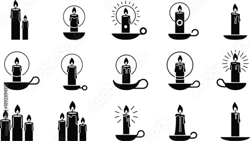 Black candle silhouette icons set, burning wax candles collection isolated on white background vector illustration religion memorial decor design elements