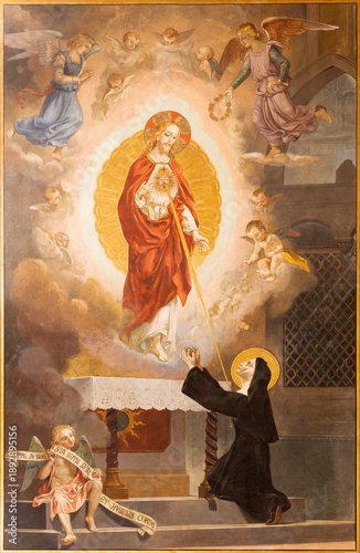 фотографія Pavia - The fresco Apparition of  Divine Mercy of Jesus in the church Chiesa di Santa Maria del Carmine by Luigi Morgari from 20