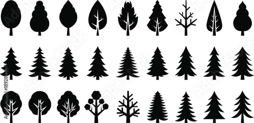 Black tree silhouette icons set, forest deciduous and pine trees collection isolated on white background vector illustration nature symbols