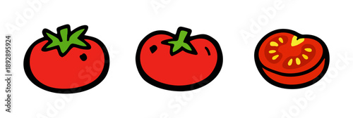 Hand-drawn doodle set of three red tomatoes including whole fruits and a sliced half, isolated on a white background.