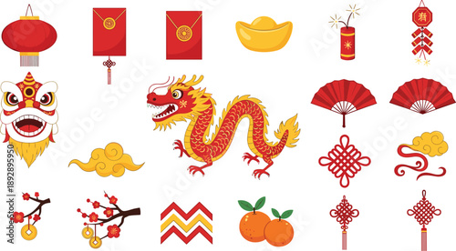 Chinese New Year festive icons set, red lantern dragon gold ingot decorations collection isolated white background vector illustration celebration symbols