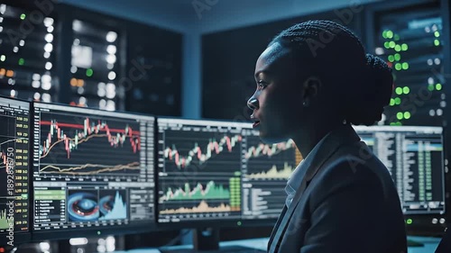 Analyzing Market Trends with Data Screens in a Dimly Lit Control Room