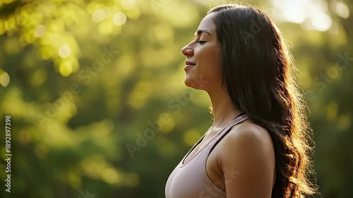 Relaxing Moment of Focused Breathing in Sunlit Nature