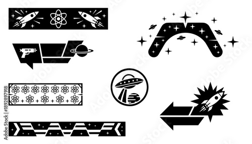 Retro sci-fi vector set featuring rocket ship banners, atom pattern borders, alien ufo saucer, and starry arch for astronomy design.