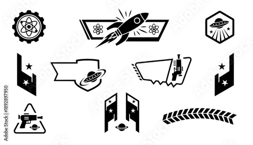 Retro sci-fi vector emblem set featuring rocket launch, alien ufo saucer, atom gear symbol, and laser weapon for vintage astronomy logo design.