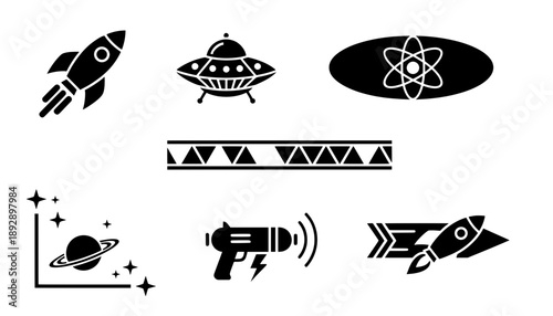 Black vector space set featuring alien spaceship ufo, science atom symbol, saturn planet with stars, and laser weapon for astronomy game design.