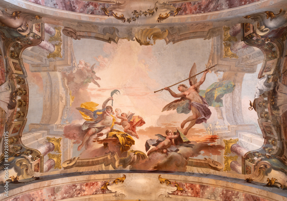 Naklejka premium BUSTO ARSIZIO, ITALY - JANUARY 19, 2026: The ceiling fresco of Glory of St. Sabinus in the church Basilica di San GIovanni Battista by Biagio Bellotti (1757 - 1765).