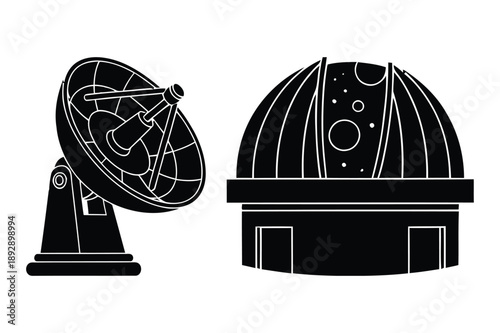 Astronomy Icons: Radio Telescope, Observatory Dome, Stars