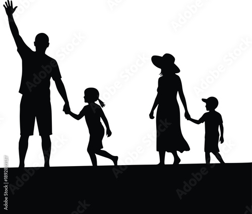 Black Silhouette of a Happy Family with Two Children Walking Together and Waving on a Summer Vacation Outdoors Isolated on a White Background