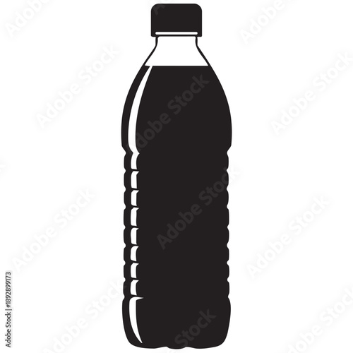 Black Silhouette of a Plastic Drink Bottle with Cap on White Background