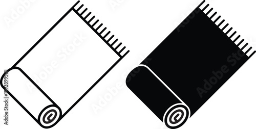 A black and white icon set displays a partially rolled rug or mat with decorative fringes