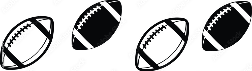 Fototapeta premium Simple set of 4 American football gridiron balls, clean vector style, isolated on white background, perfect for sports illustrations, team graphics, athletic marketing, and football-themed content.