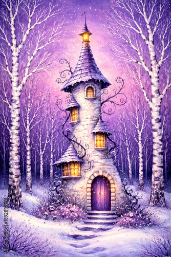 Whimsical Fantasy Tower in Magical Snowy Birch Forest with Glowing Windows
