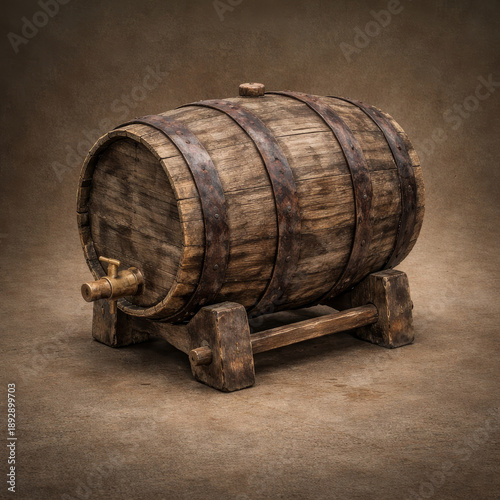 Antique Wooden Wine Barrel with Brass Tap on Rustic Texture Background