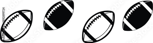 Simple set of 4 American football gridiron balls, clean vector style, isolated on white background, perfect for sports illustrations, team graphics, athletic marketing, and football-themed content.