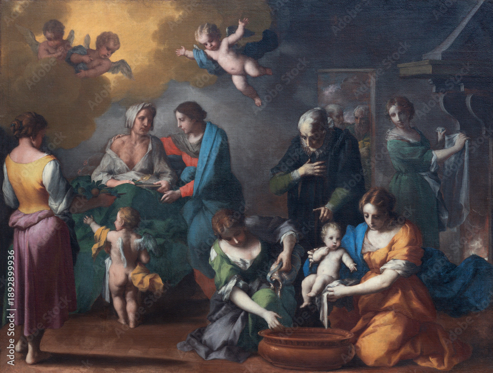 Obraz premium BUSTO ARSIZIO, ITALY - JANUARY 19, 2026: The painting of Nativity of St. John the Baptist in the church Basilica di San GIovanni Battista by Donato Mazzolino (16. - 17. cent.)