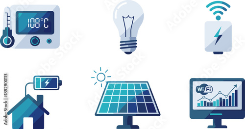 Smart Home and Solar Energy Icon Set, Flat Vector Illustration of Sustainable Technology Concepts