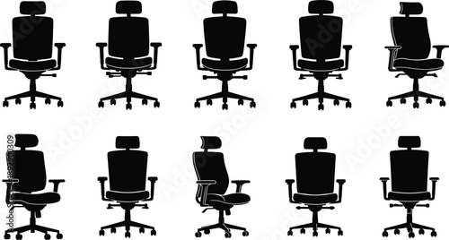 Black silhouette icons of ergonomic office chairs with high backrests and armrests for workplace, furniture, and design reference