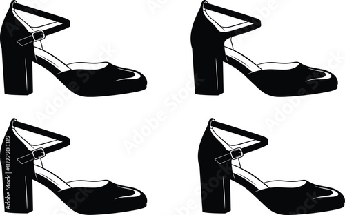 Black silhouette illustrations of high-heeled shoes with ankle straps and thick heels for fashion design and retail use