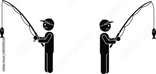 Black silhouette of two people fishing with bent rods and caught fish, facing each other in outdoor leisure scene