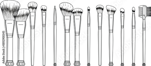 Black-and-white illustration of thirteen makeup brushes and tools arranged in a row for cosmetic application and beauty design