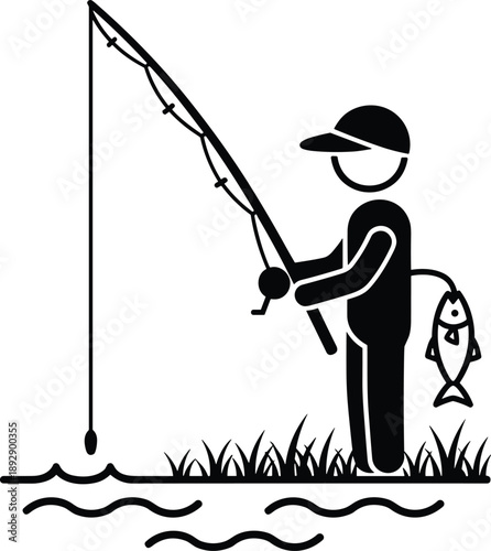 Black-and-white illustration of person fishing from grassy bank with fish hanging from back and rod cast into water