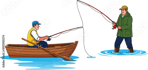 Cartoon-style illustration of two people fishing with crossed lines, one in rowboat and one standing in shallow water