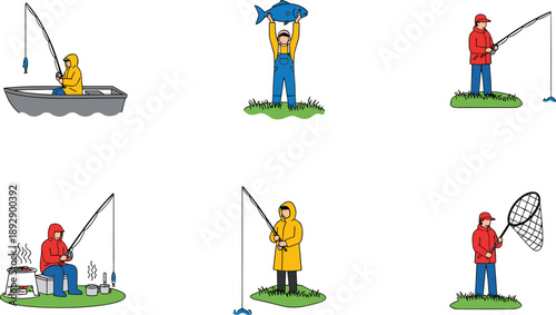 Cartoon-style illustrations of people fishing in various outdoor scenes with gear, fish, cooking setup, and celebratory poses