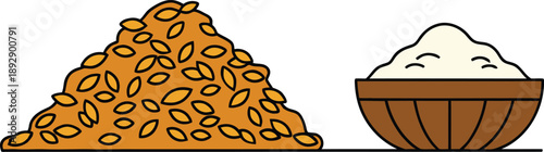 Pile of golden grains and a bowl of white flour on a white background with a simple flat style wheat