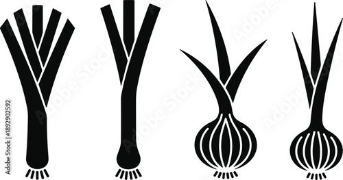 Minimalist black vector icons of fresh leeks and onions with green leaves isolated on white background for organic cooking design.