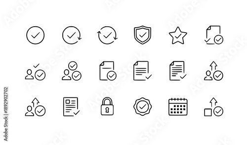 Line style black check mark approved icon set vector illustration