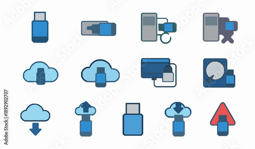 USB flash disk and data storage icon set for tech infographic design