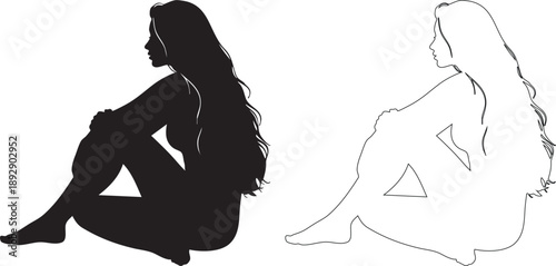 Silhouettes of two women sitting with triangular shapes on their bodies black and white