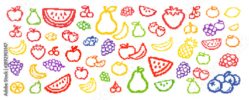 Colorful pixel art fruit collection featuring apples, berries, bananas, grapes, and watermelon. Retro 8-bit game asset icons on white background.