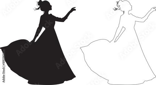 Silhouettes of woman in dress with ponytail and outstretched arm formal black
