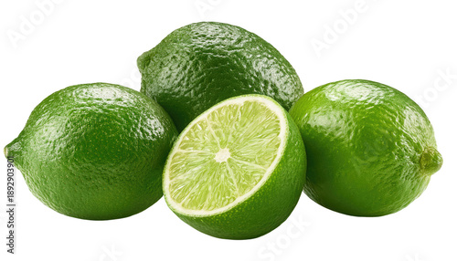  A vibrant cluster of fresh limes, showcasing the bright green hue of their rind and the juicy freshness of a cut lime, perfectly capturing the essence of the healthy citrus.