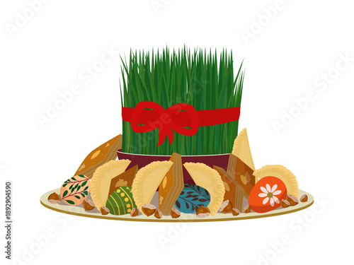 Traditional Azerbaijani Nowruz Khoncha with Semeni and Sweets. A symbol of the spring equinox and Azerbaijani culture. High-quality flat vector on a white background