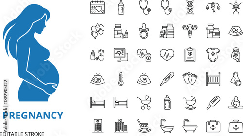 PrintComprehensive pregnancy and maternity vector icon set featuring pregnant woman silhouette, medical equipment, baby care items, and health symbols with editable strokes for design projects.