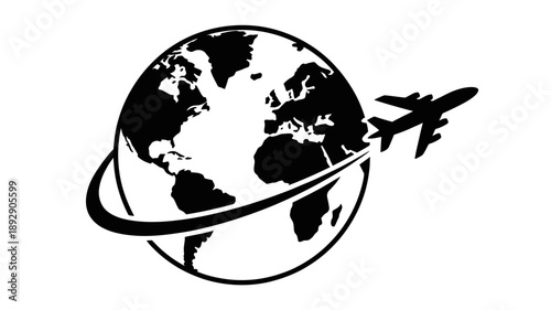 Global Flight: A stylized illustration presents a jet plane soaring around the globe, symbolizing international travel and exploration across the planet.