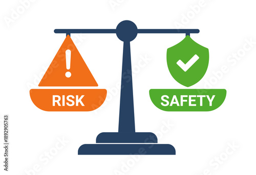 A visual representation of weighing risk against safety, featuring a scale with orange 'risk' and green 'safety' symbols.