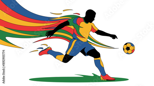 Dynamic Footwork: The vibrant silhouette of a soccer player mid-kick, capturing the fluidity of motion and the spirit of competition in a burst of color.