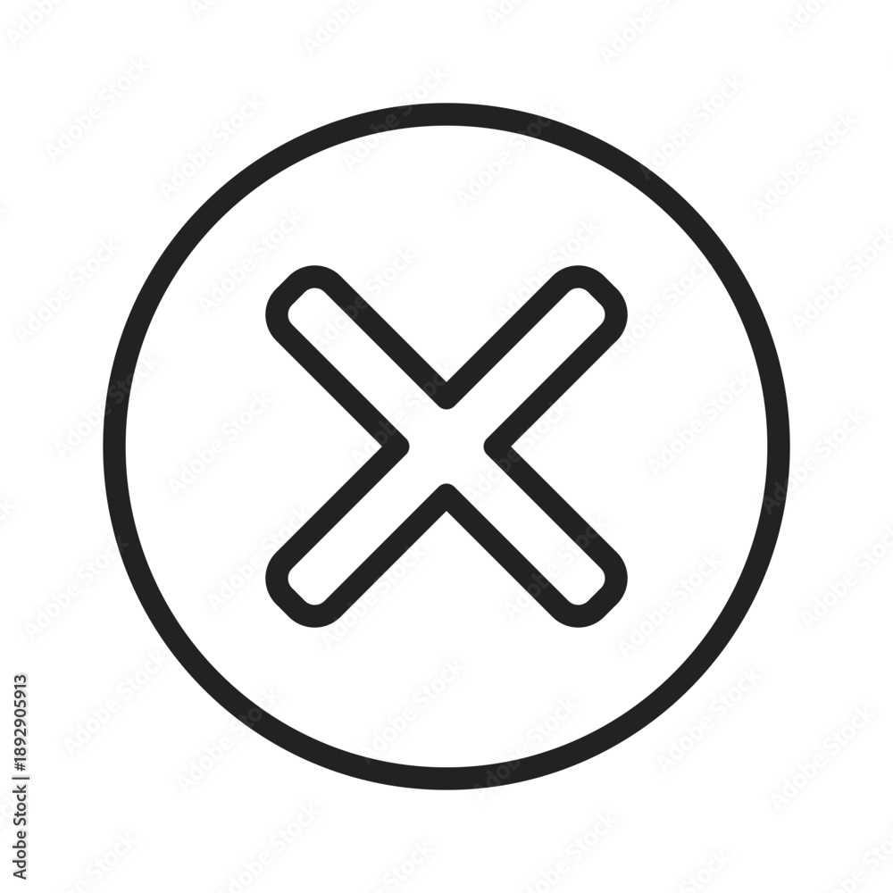 Fototapeta premium A simple, minimalistic black and white illustration of an 'X' symbol within a circular outline, conveying rejection or cancellation.