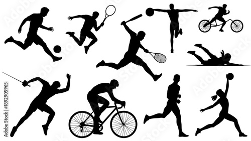 Dynamic Silhouettes of Sport in Motion: A collection of diverse silhouettes, each a snapshot of peak athleticism, capturing the essence of various sports in a display of power, skill.